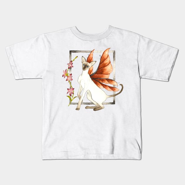 Perplexed - Siamese Fairy Cat with Floral Border Kids T-Shirt by serenstar75